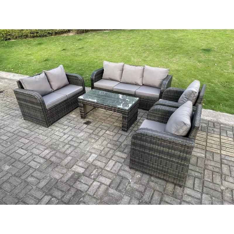Fimous 7 Seater Dark Grey PE Wicker Rattan Garden Furniture Set Reclining Chair Love Seat 3 Seater Sofa Set Outdoor Rectangular Coffee Table