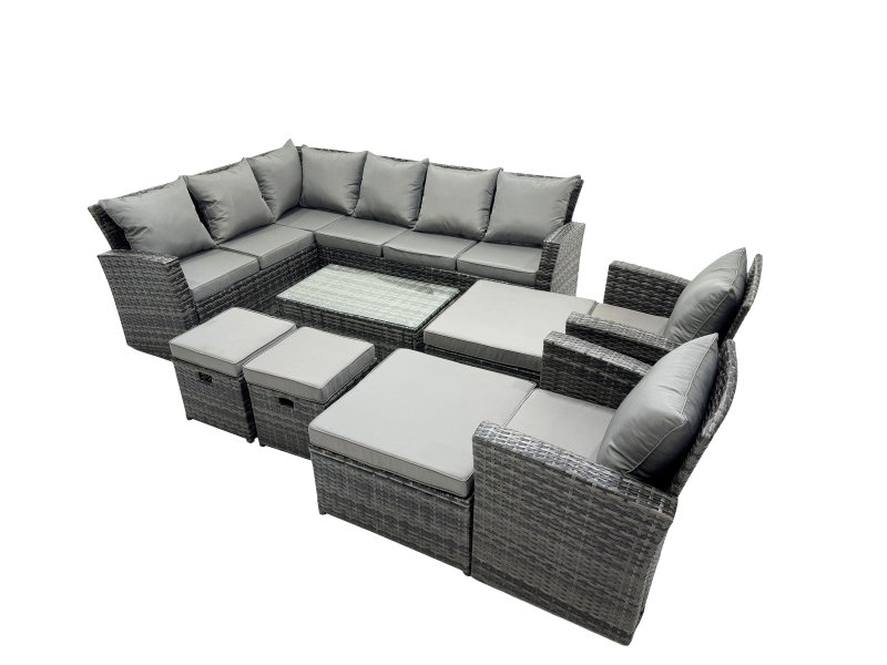 Fimous 12 Seat Rattan High Back Corner Sofa Set Patio Coffee Table Sets with 4 Stools 2 Chairs Dark Grey Mixed