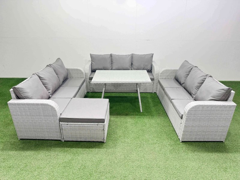 Fimous 10 Seat Outdoor PE Rattan Garden Furniture with Cushions 3 Seater Sofa Big Stool Light Grey