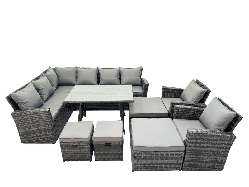 Fimous 11 Seat Rattan High Back Corner Sofa Set Patio Dining Table Set with 4 Stools 2 Chairs Dark Grey Mixed