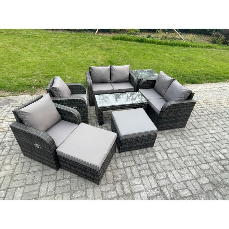 Fimous 8 PCS Garden Furniture set Rattan Outdoor Lounge Sofa Table Chair With Tempered Glass Table Dark Grey Mixed