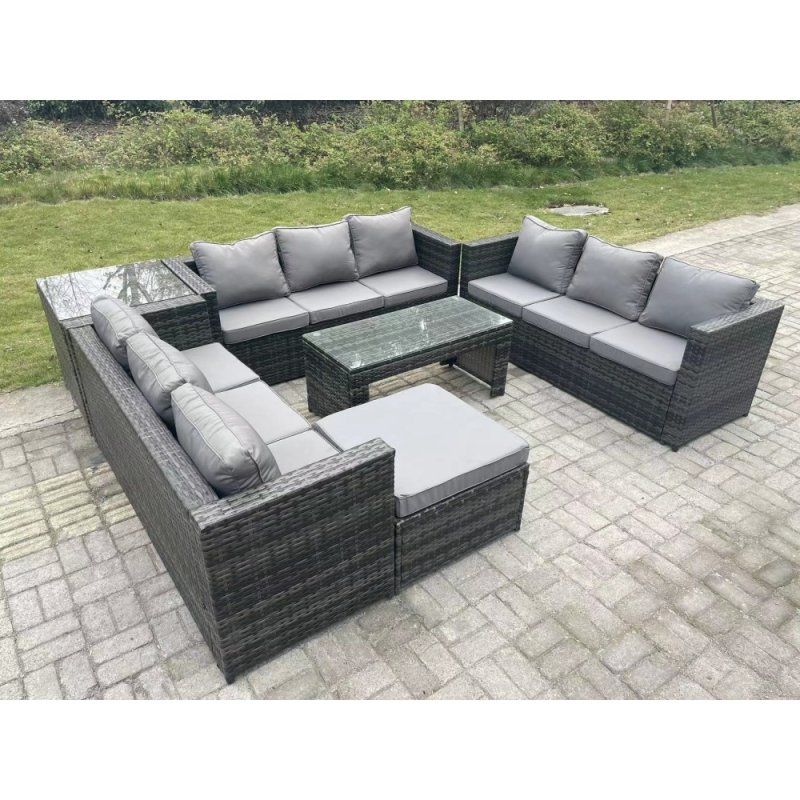 Fimous Outdoor Rattan Garden Furniture Lounge Sofa Set With Oblong Rectagular Coffee Table Big Footstool And Side Table