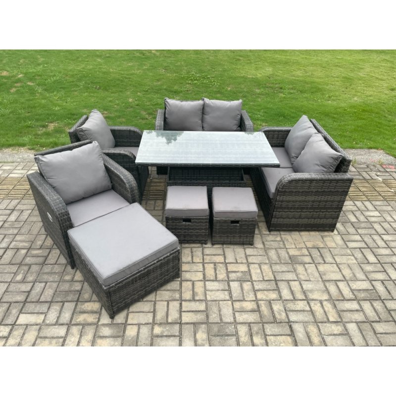 Fimous PE Rattan Garden Furniture Set Height Adjustable Rising lifting Dining Table With Love Sofa Chair 3 Footstools
