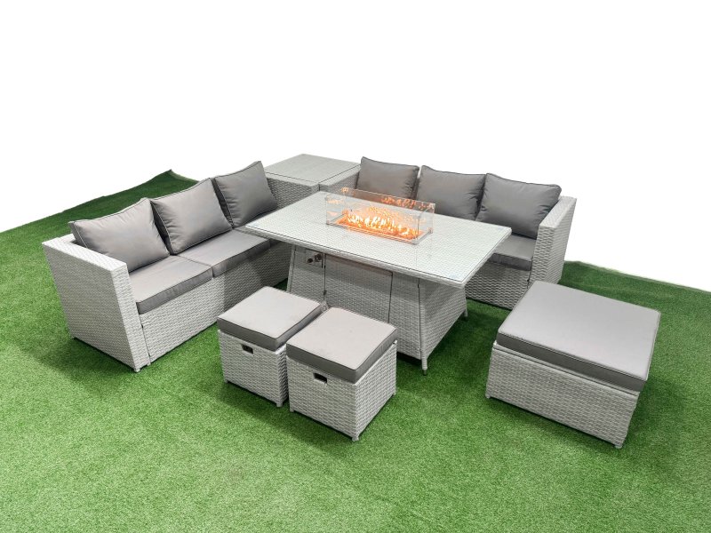 Fimous 9 Seat PE Rattan Lounge Sofa Set Outdoor Garden Furniture Set with Firepit Dining Table 3 Seater Sofa 3 Stools Side Table Light Grey
