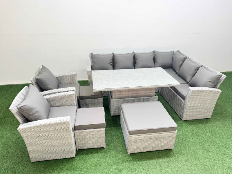 Fimous 11 Seat Rattan Garden Furniture Corner Sofa Set Outdoor Adjustable Lifting Dining or Coffee Table Set with 3 Footstools Light Grey