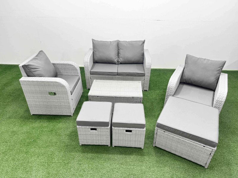 Fimous Light Grey PE Wicker Rattan Garden Furniture Set Sofa Set Reclining Adjustable Chair Rectangular Coffee Table 7 Seater 3 Stools