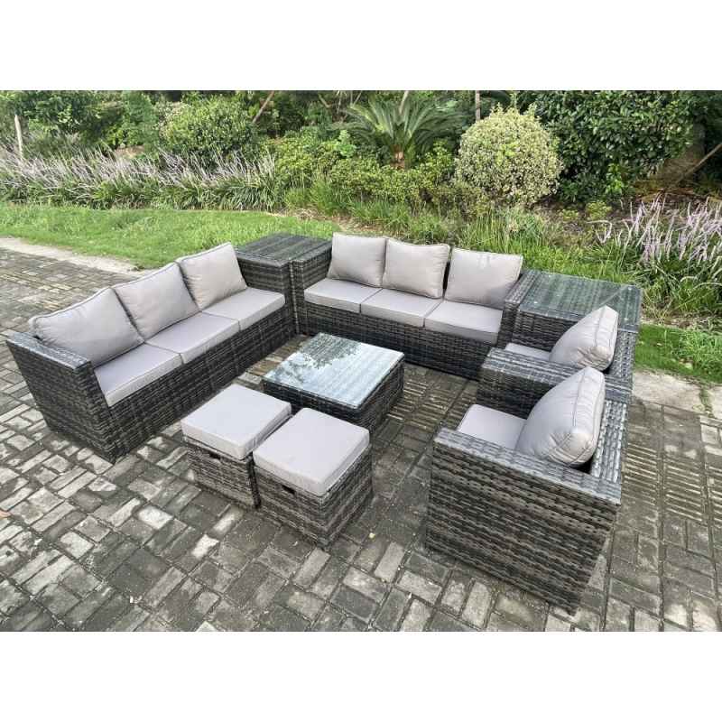 Fimous Outdoor Rattan Garden Furniture Set 10 Seater Patio Lounge Sofa Set with 2 Armchairs Square Coffee Table 2 Side Tables 2 Small Footstool Dark Grey Mixed