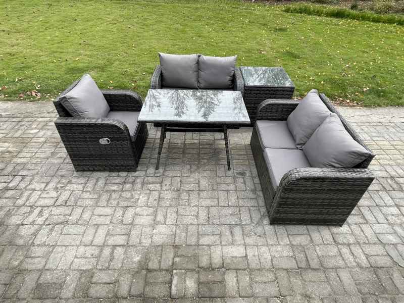 Fimous 5 Pieces Outdoor Garden Dining Sets Rattan Furniture With Dining Table Armchairs Love Sofa Side Table Dark Grey Mixed