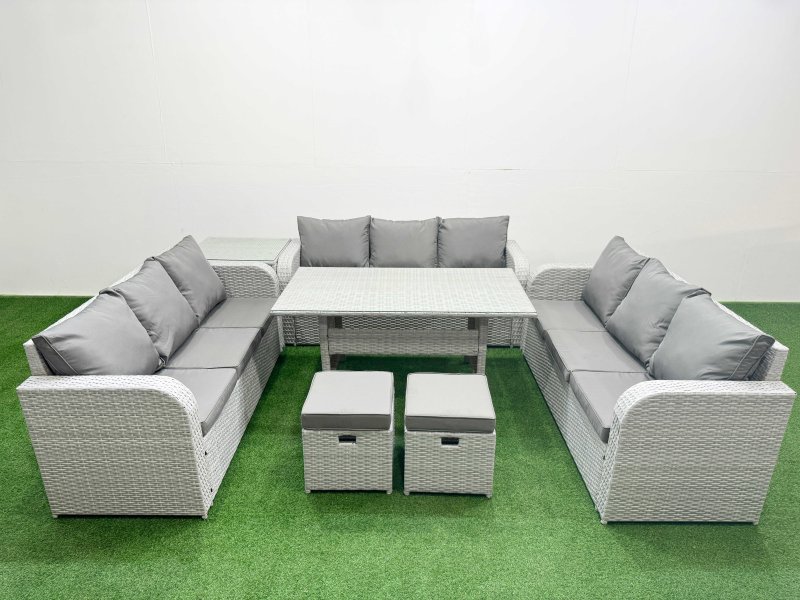 Fimous PE Rattan Lounge Sofa Set 11 Seater Outdoor Garden Furniture Set with Rectangular Dining Table 3 Seater Sofa 2 Stools Side Table Light Grey