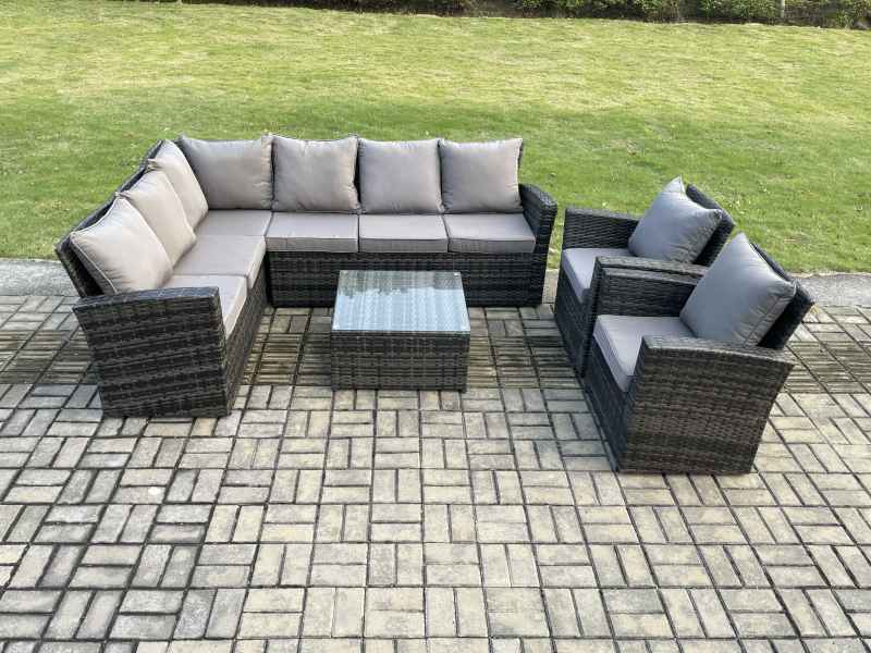 Fimous Rattan Garden Furniture Set Outdoor Lounge Corner Sofa Set With Square Coffee Table 2 Armchairs 8 Seater Dark Grey Mixed