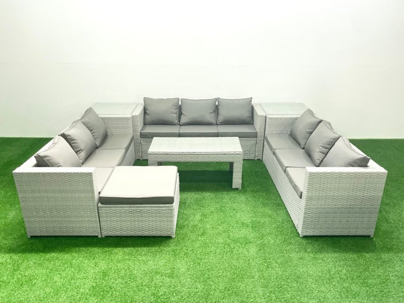 Fimous Rattan Garden Outdoor Furniture Set 10 Seater Garden Sofa Oblong Coffee Table Set with Big Footstool 2 Side Tables Light Grey Mixed