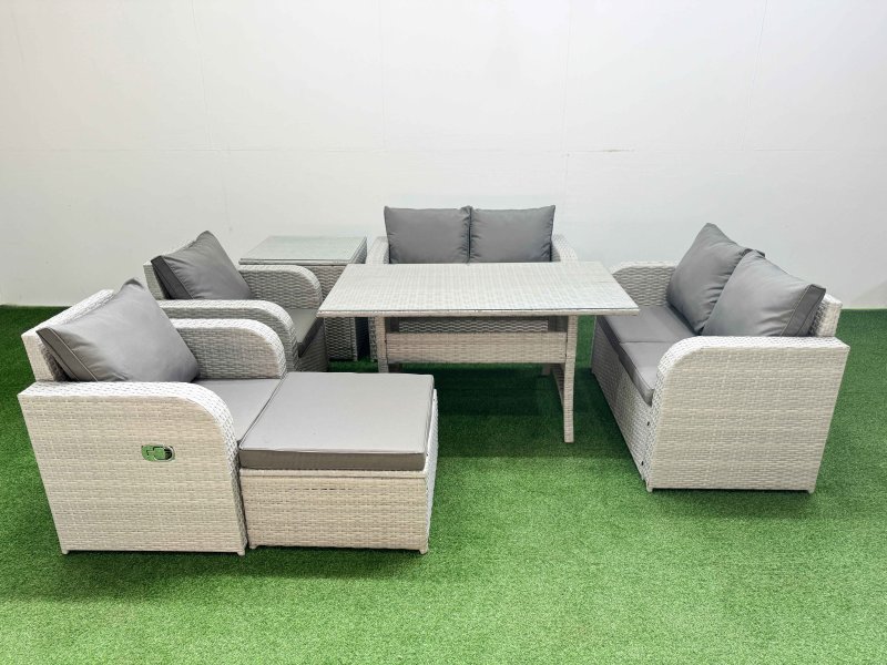 Fimous 7 Seater Outdoor Reclining Chair Love Sofa Set Rattan Garden Furniture Set with Rectangular Dining Table Footstool Side Table Light Grey