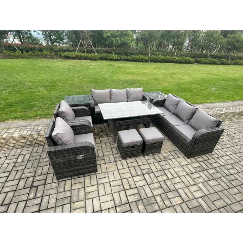 Fimous Outdoor Garden Patio Furniture Wicker Rattan Oblong Rectangular Dining Table and Lounge Sofa set with Adjustable Chair 2 Side Tables 2 Small Footstools Dark Grey Mixed