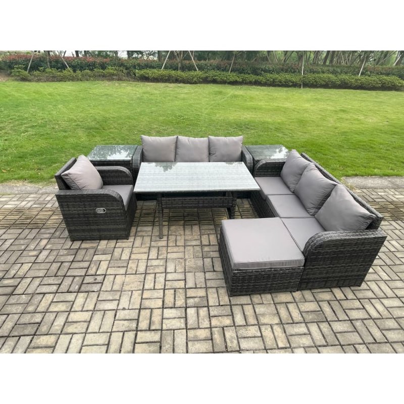 Fimous 8 Seater Rattan Garden Furniture Set Oblong Rectangular Dining Table and Chairs Set with 3 Seater Sofa 2 Side Tables Big Footstool Dark Grey Mixed