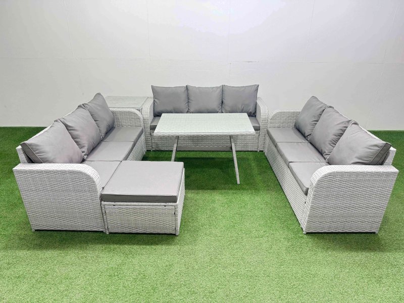 Fimous 10 Seat Outdoor PE Rattan Garden Furniture with Cushions 3 Seater Sofa Side Table Big Stool Light Grey