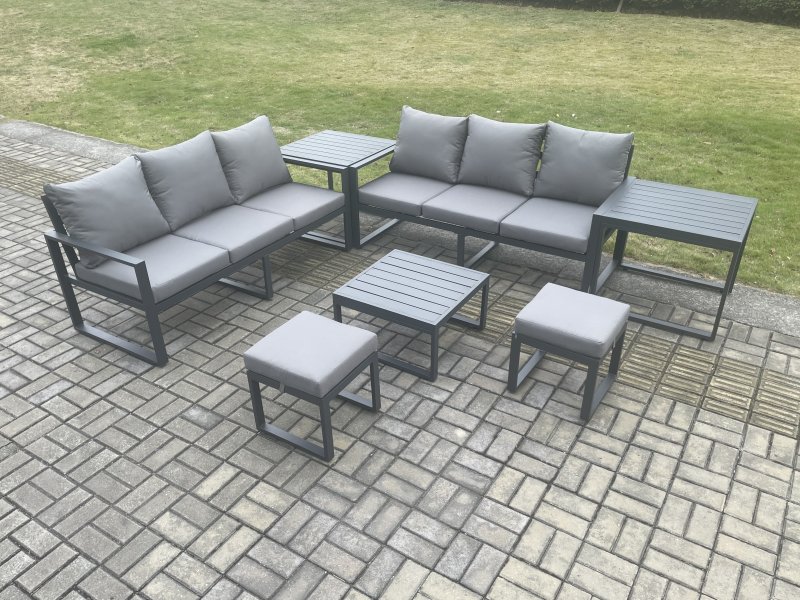 Fimous Aluminium 7 Pieces Garden Furniture Sofa Set with Cushions 8 Seater Outdoor Patio Set with Square Coffee Table 2 Small Footstools 2 Side Tables Dark Grey