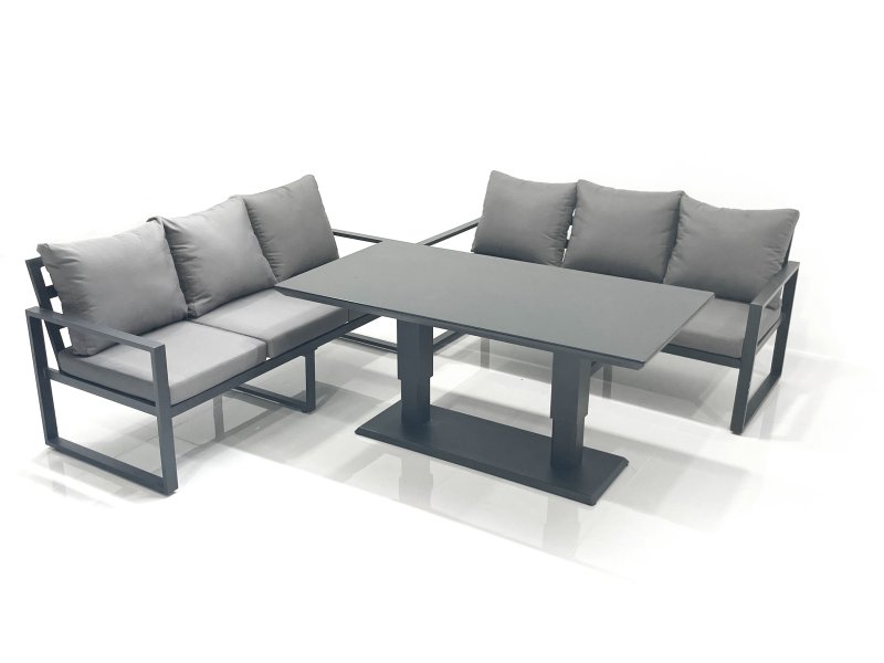 Fimous 6 Seater Aluminium Outdoor Garden Furniture Set with Adjustable Rising Lifting Dining Table 3 Seater Sofa Dark Grey