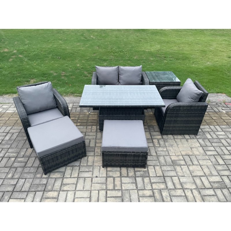 Fimous Rattan Outdoor Furniture Garden Dining Sets Patio Height Adjustable Rising lifting Table Love Sofa Chair Set With Side Tables Stools