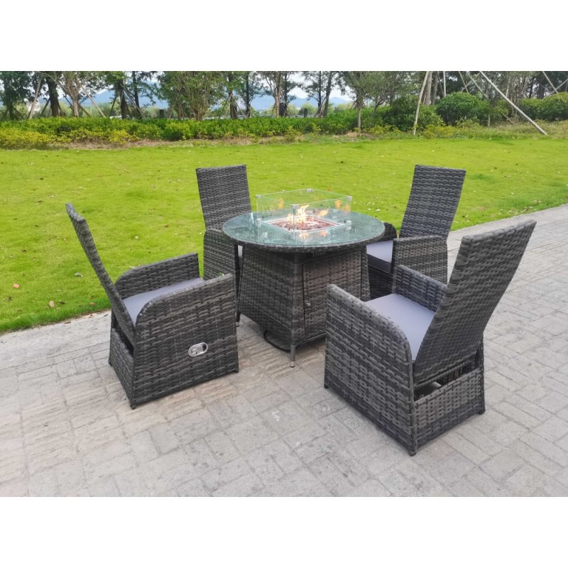 Fimous Rattan Garden Furniture Gas Fire Pit Round Dining Table And Chairs 4 Seater Plus Round Table