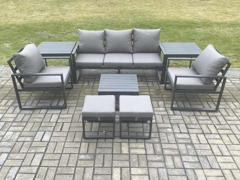 Fimous Aluminium 7 Seater Outdoor Lounge Sofa Set Garden Furniture Sets with Square Coffee Table 2 Chairs 2 Small Footstools 2 Side Tables Dark Grey