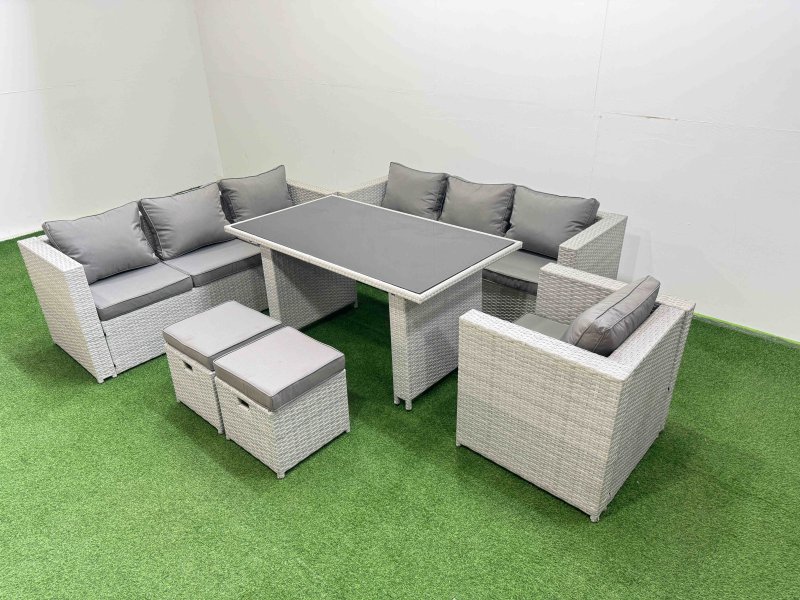 Fimous Patio Garden Furniture Sets with Black Glass Top Dining Table 3 Seater Sofa Armchair 2 Small Stool Light Grey