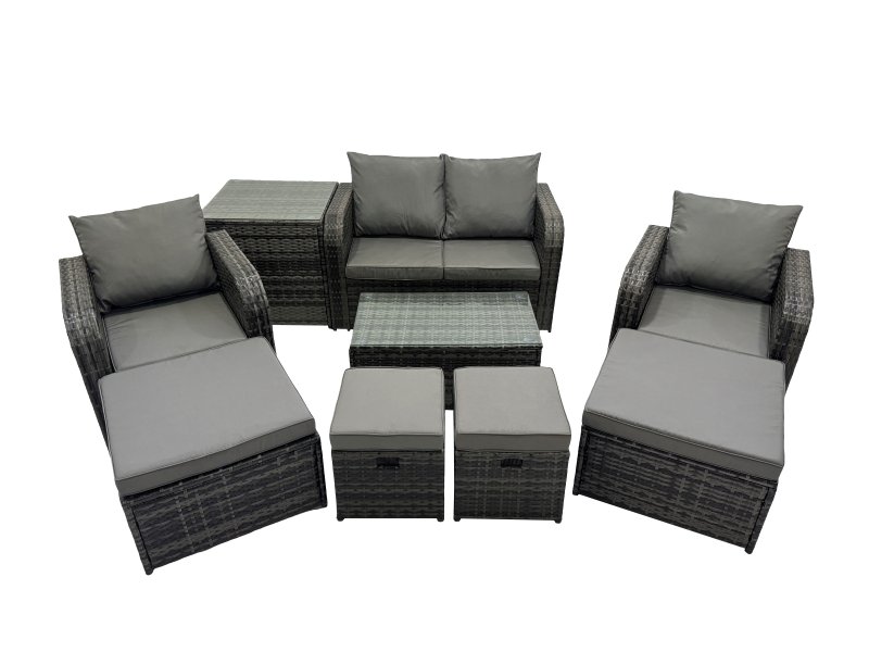 Fimous Outdoor Love Sofa Reclining Chair Coffee Table Set Garden Rattan Furniture Set 8 Seater with 4 Stools Side Table Dark Grey