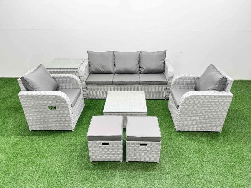 Fimous PE Rattan Garden Furniture Set Reclining Chair Sofa Lounge Sofa Set Square Coffee Table Side Table 2 Small Stools Light Grey