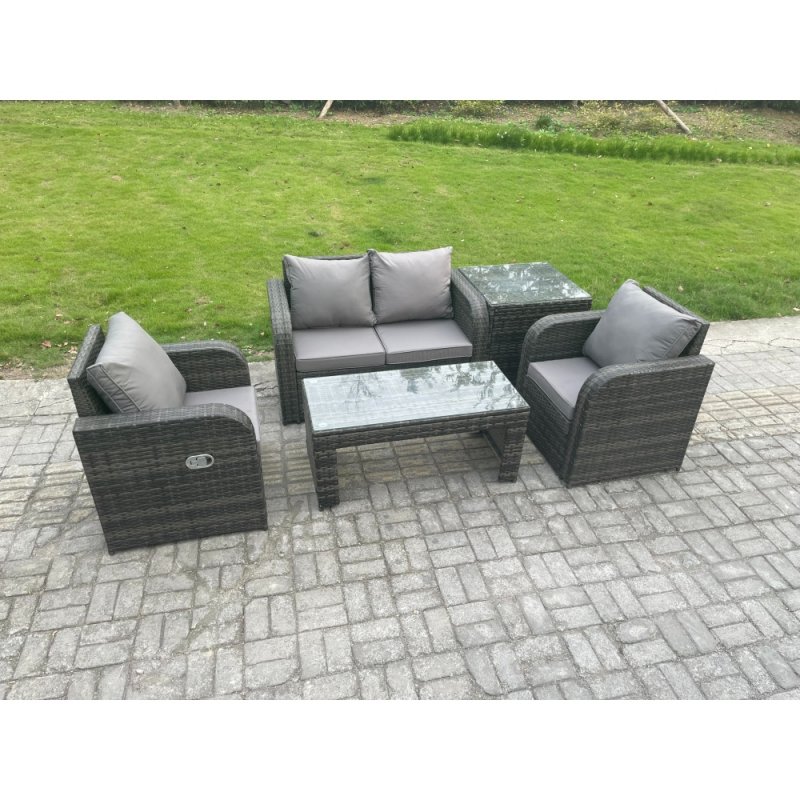 Fimous Rattan Lounge Sofa Set Outdoor Garden Furniture Set with Rectangular Coffee Table Love Sofa Side Table Dark Grey Mixed
