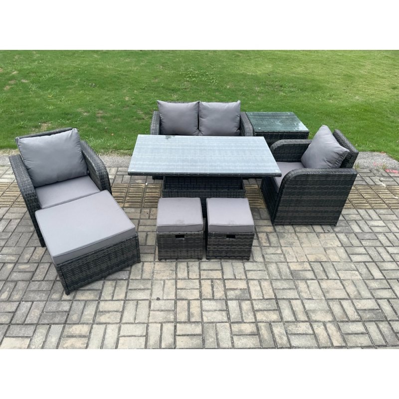 Fimous Wicker PE Rattan Furniture Garden Dining Set Outdoor Height Adjustable Rising lifting Table Love Sofa Chair With Side Table 3 Stools
