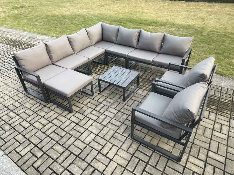 Fimous Outdoor Garden Furniture Patio Lounge Corner Sofa Aluminium Set with Square Coffee Table Big Footstool 2 Chair Dark Grey