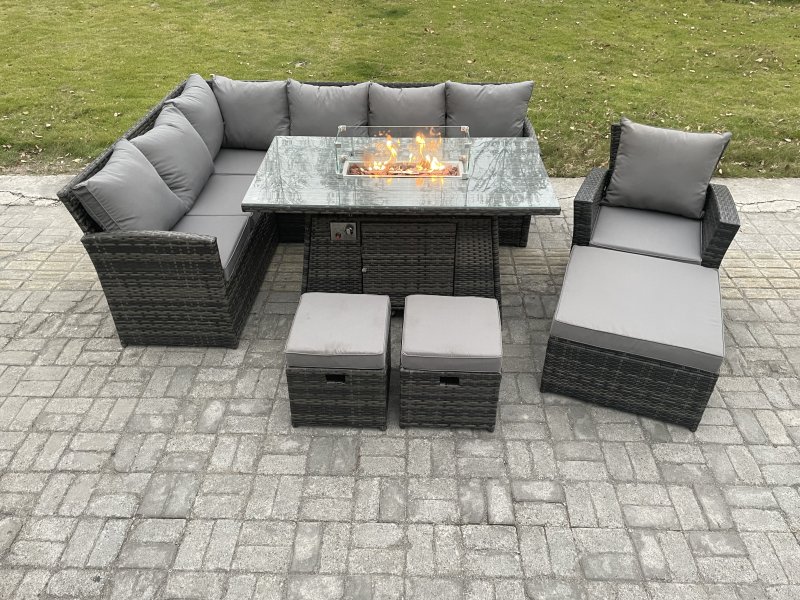 Fimous 10 Seater Outdoor Rattan Garden Furniture Set Corner Sofa Gas Fire Pit Dining Table Sets Gas Heater with 3 Footstools Armchair Dark Grey Mixed