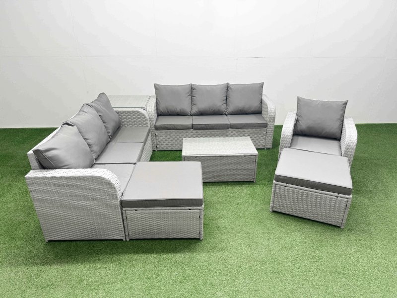 Fimous 9 Seater Poly Rattan Outdoor Garden Furniture Sofa Set Patio 3 Seater Sofa Reclining Chair 3 Seater Sofa 2 Big Footstools Side Table Light Grey
