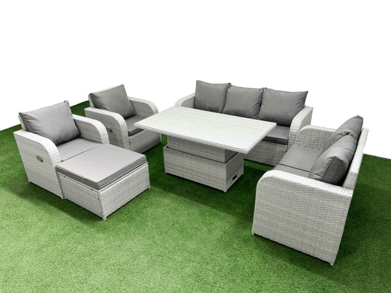 Fimous PE Rattan Garden Furniture Set Reclining Chair Sofa Double Love Seat 2 Seater Sofa Lounge Set Adjustable Lifting Dining or Coffee Table Big Footstool Light Grey