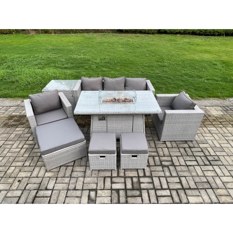 Fimous Outdoor Garden Dining Sets Rattan Furniture Gas Fire Pit Dining Table With 2 Armchairs Side Table 3 Footstools Light Grey
