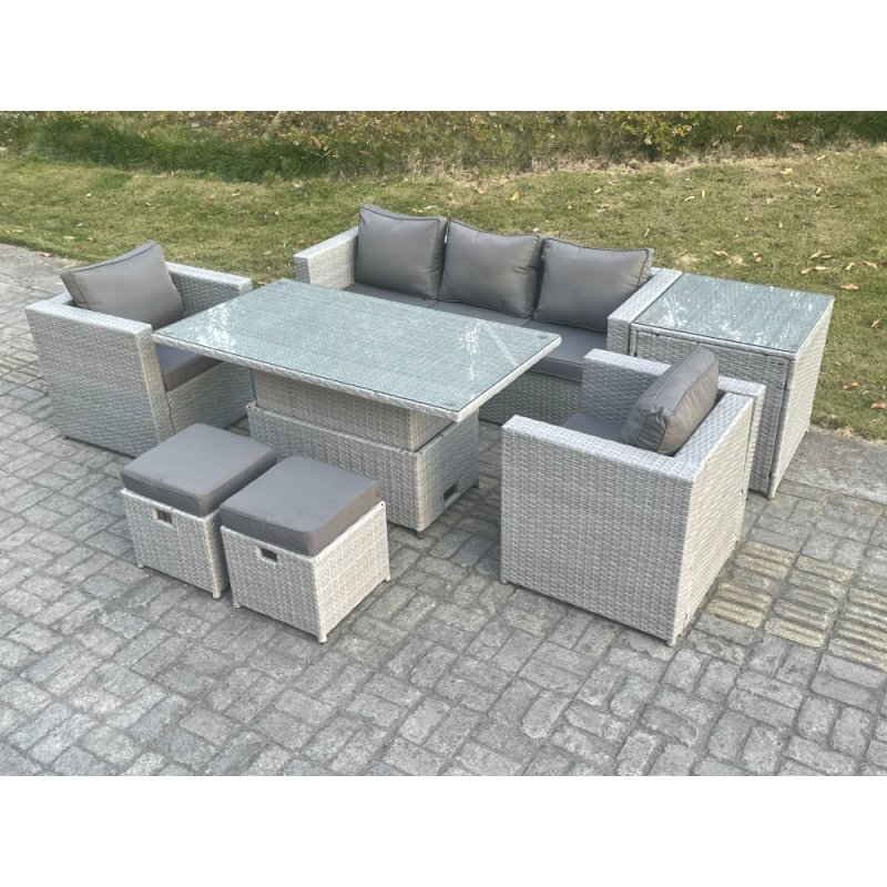 Fimous Rattan Garden Funiture Set Adjustable Rising Lifting Table Sofa Dining Set With 2 Arm Chair Side Table Stools
