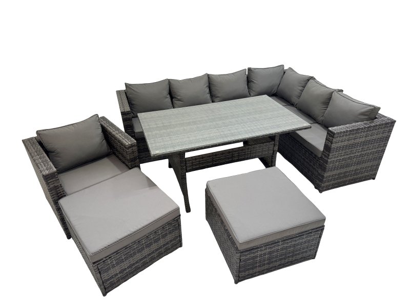 Fimous Rattan Garden Furniture Set Outdoor 9 Seater Patio Dining Corner Sofa Sets with Dining Table Chair 2 Big Stools Dark Grey Mixed