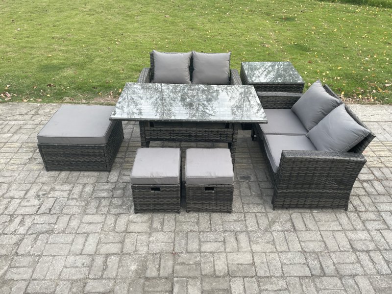 Fimous 7 Seater High Back Outdoor Garden Furniture Rattan Sofa Dining Table Set with 3 Footstools Side Table Dark Grey Mixed