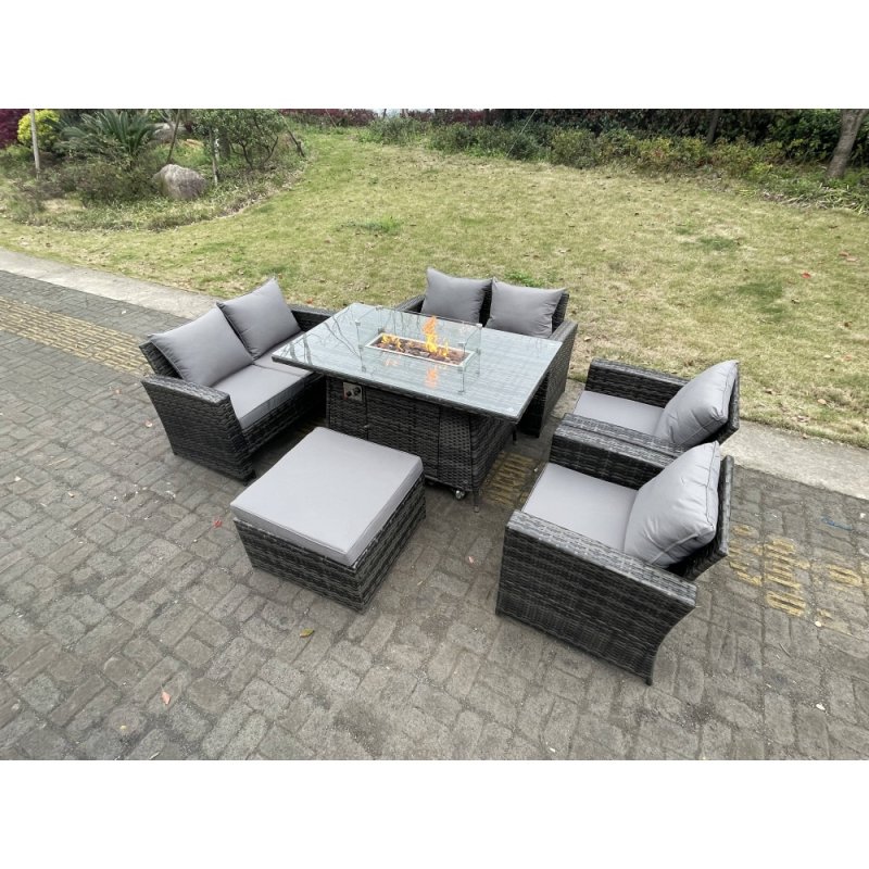 Fimous Rattan Outdoor Furniture Gas Fire Pit Rectangle Dining Table Gas Heater Chairs Two Seater Love Sofa Sets Big Footstools 7 Seater