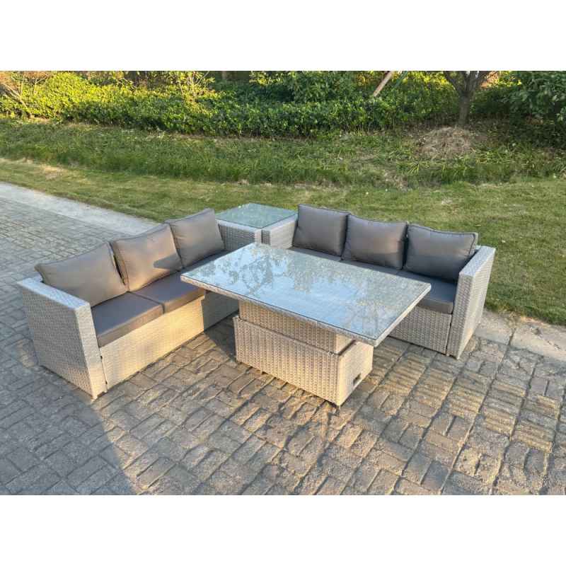 Fimous Rattan Garden Funiture Set Height Adjustable Rising Lifting Table Sofa Dining Set With Side Coffee Tea Table