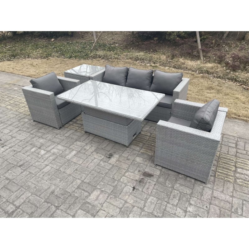 Fimous Rattan Garden Funiture Set Height Adjustable Rising Lifting Table Loung Sofa Dining Set With 2 Arm Chair Side Coffee Table