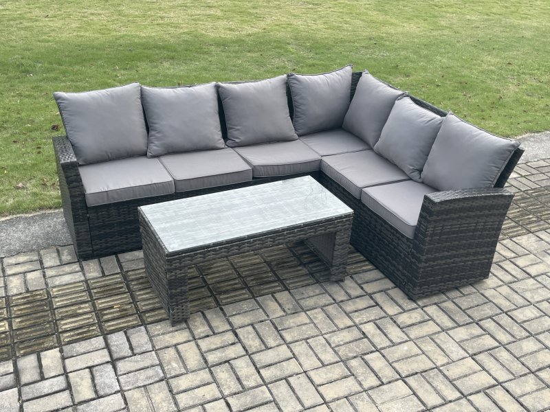 Fimous 6 Seat Rattan Garden Furniture Corner Sofa Set Outdoor Patio Sofa Table Set with Cushions Dark Grey Mixed