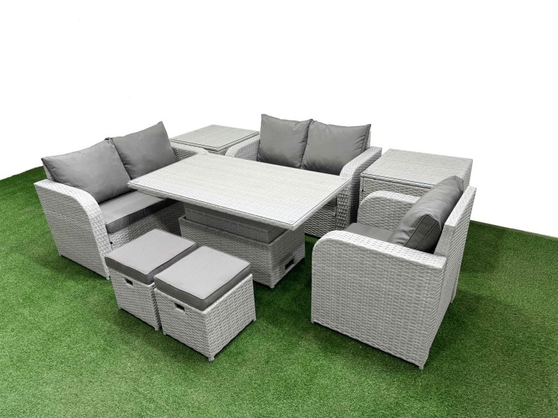Fimous High Back Poly Rattan Garden Furniture Set with Reclining Chair Loveseat Sofa Adjustable Lifting Dining or Coffee Table Indoor Outdoor Patio Set 2 Stool 2 Side Table Light Grey
