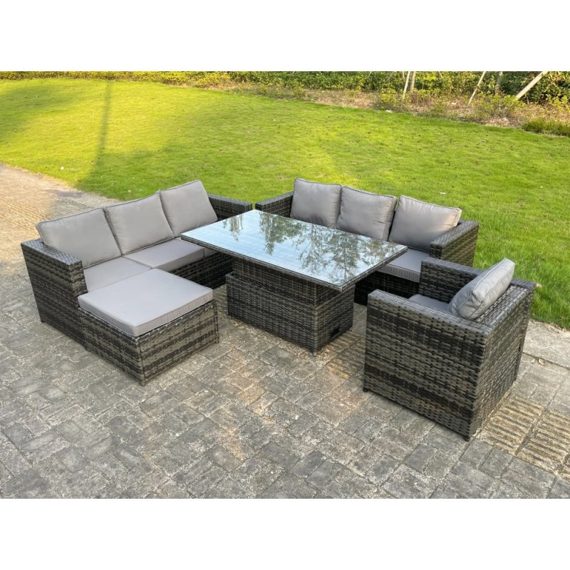 Fimous 8 Seater?Outdoor Rattan Sofa Set Adjustable Rising Lifting Dining Table Side Coffee Table Chairs Footstool Dark Grey Mixed