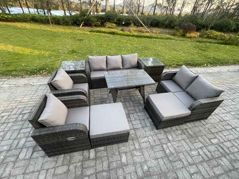 Fimous Outdoor Rattan Garden Furniture Set 9 Seater Patio Lounge Sofa Set with Dining Table 2 Big Footstool 2 Side Tables Dark Grey Mixed