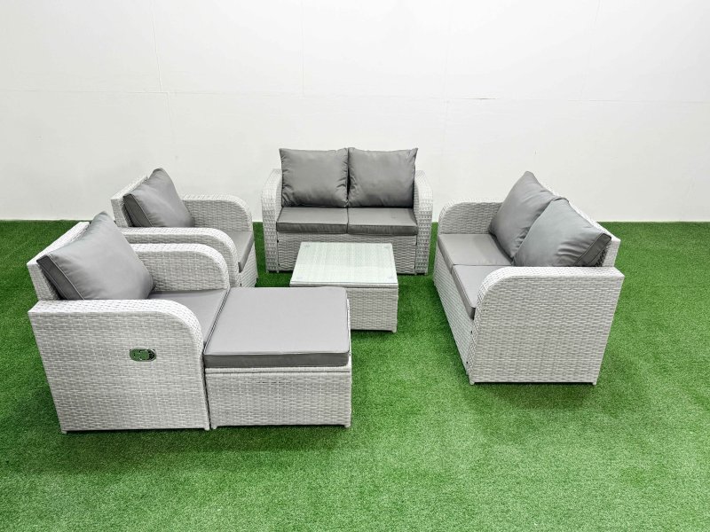 Fimous 7 Seater Outdoor Reclining Chair Love Sofa Set Rattan Garden Furniture Set with Square Coffee Table Footstool Light Grey
