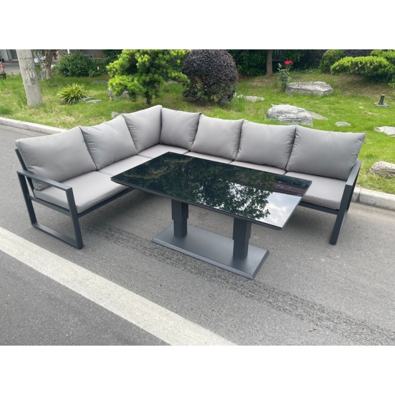 Fimous Aluminum Outdoor Garden Furniture Corner Sofa Adjustable Rising Lifting Dining Table Sets Dark Grey Black Tempered Glass 6 Seater