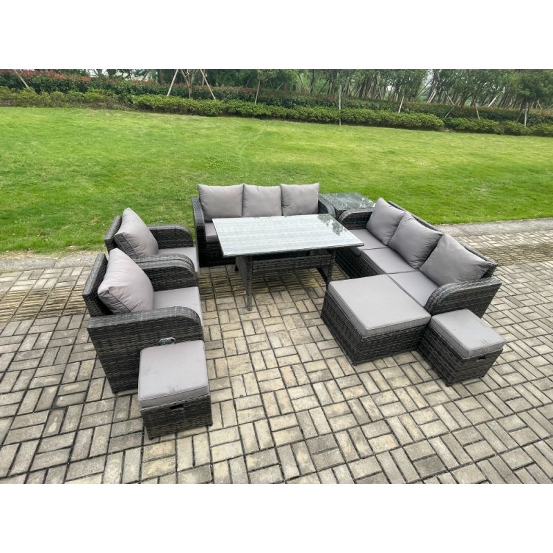 Fimous Outdoor Garden Patio Furniture Wicker Rattan Oblong Rectangular Dining Table and Lounge Sofa set with Adjustable Chair Side Table 3 Footstool Dark Grey Mixed