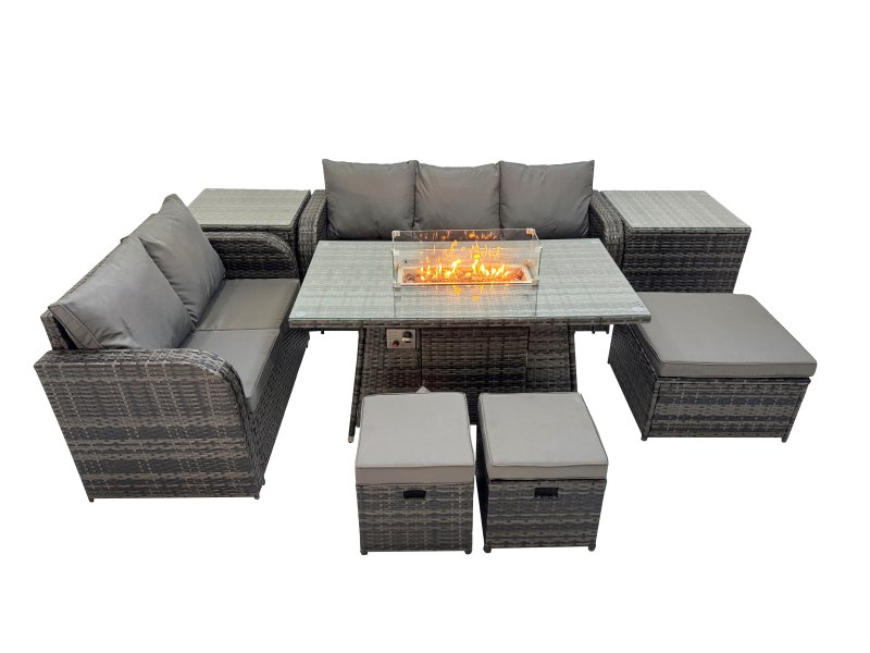 Fimous Garden Outdoor Rattan Furniture Set Rattan Love Sofa 3 Seater Sofa with 2 Side Tables 3 Footstools Dark Grey Mixed