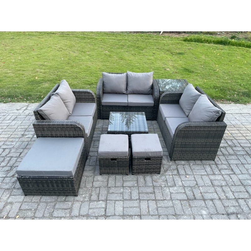 Fimous 9 Seater Outdoor Garden Furniture Sets Wicker Rattan Furniture Sofa Sets with Square Coffee Table Love seat Sofa 3 Footstools Side Table