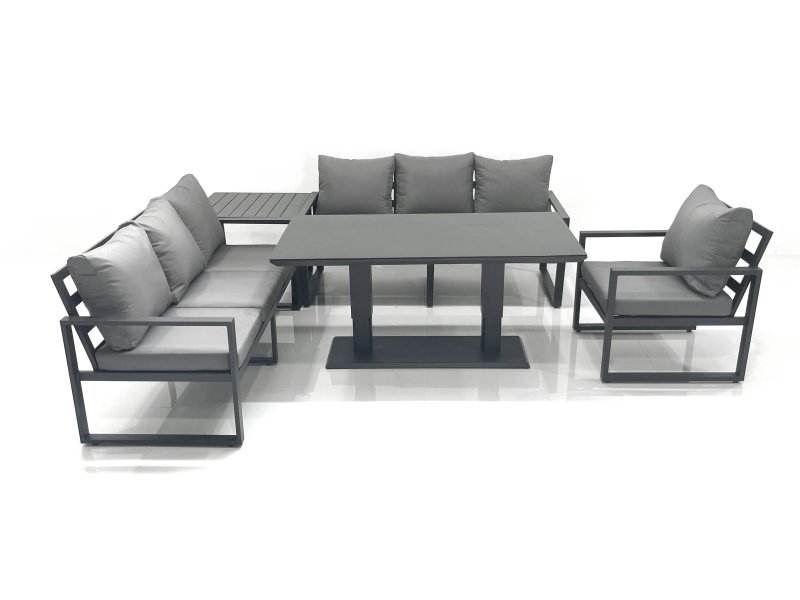 Fimous Outdoor Garden Furniture Set Aluminium Lounge Sofa Adjustable Rising Lifting Dining Table Sets with Side Table Dark Grey